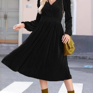 Women Plain Long Sleeve Spring/Fall Split Joint Dress V Neck Daily Vintage Maxi T-Shirt Dress A-Line Dress, JustFashionNow Dresses, color:Black|size:XXL,