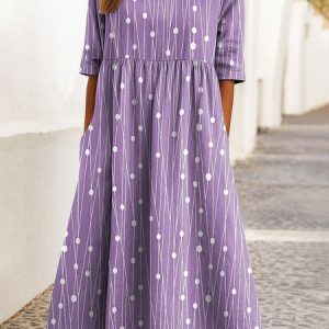 Women Striped Summer Dress Crew Neck Half Sleeve A-Line Dress, Dresses, color:Purple|size:5XL, catalog Noracora shop