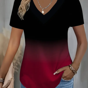 Women Ombre Short Sleeve Tee T-shirt V Neck Printing Casual Summer Graphic Tee Top, JustFashionNow T-Shirts, color:Black-red|size:4XL,