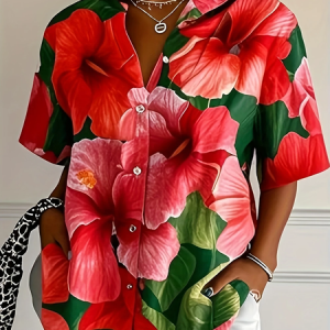 Women Floral Short Sleeve Shirt Summer Printing Shirt Collar Daily Casual Top, JustFashionNow Shirts, color:Red|size:5XL,