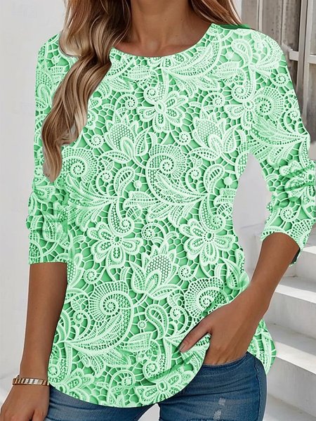 Women Floral Long Sleeve Tee T-shirt Crew Neck Casual Spring/Fall Top, JustFashionNow T-Shirts, color:Green|size:4XL,