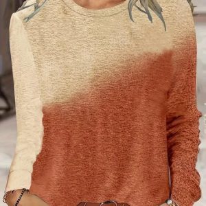 Casual Ombre Crew Neck Long Sleeve T-shirt, T-shirts, color:Orange|size:XXL, catalog Noracora shop