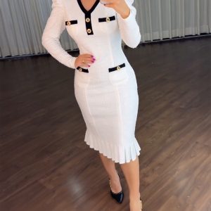 Button Decor Contrast Paneled V-Neck Puff Sleeve Zipper Back Commuting Dress Pockets Design Pleated Hem Tweed Dress, women Work Dresses, ChicMe catalog