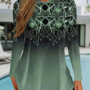 Women Ethnic Long Sleeve Tee T-shirt Crew Neck Printing Casual Spring/Fall Graphic Tee Top, JustFashionNow T-Shirts, color:Green|size:5XL,