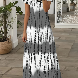 Women Abstract Stripes Short Sleeve Summer Printing Dress V Neck Daily Casual Maxi X-Line Dress, JustFashionNow Casual Dresses, color:Gray|size:3XL,