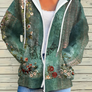 Women Spring/Fall Outerwear Casual Printing Floral Long Sleeve Hoodie Jacket, JustFashionNow Coats, color:Green|size:4XL,