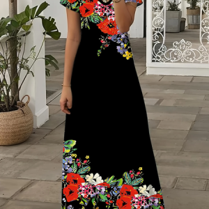 Women Floral Summer Printing Dress V Neck Short Sleeve X-Line Dress, Dresses, color:Black|size:3XL, catalog Noracora shop