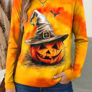 Casual Animal Crew Neck Long Sleeve T-shirt, T-shirts, color:Orange|size:5XL, catalog Noracora shop