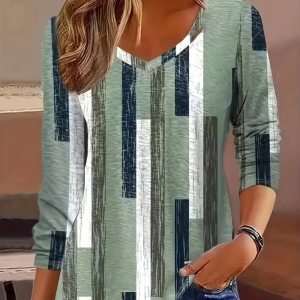 Women Geometric Long Sleeve Tee T-shirt V Neck Printing Casual Spring/Fall Graphic Tee Top, JustFashionNow T-Shirts, color:Green|size:XXL,