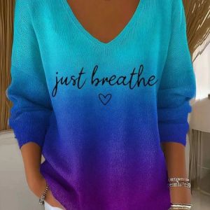 Women Just Breathe Cotton Ombre Print Long Sleeve Comfy Casual Sweater, T-shirts, color:Blue|size:4XL, catalog Noracora shop