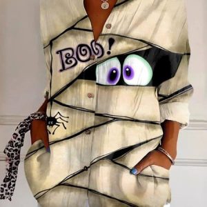 Halloween Fun Pattern Comfy Loose Shirt For Women, Shirts, color:Beige|size:5XL, catalog Noracora shop