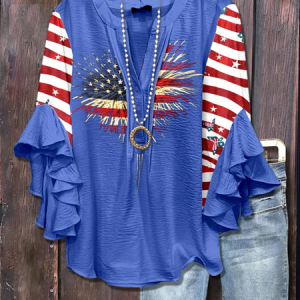 V Neck Half Sleeve America Flag Regular Micro-Elasticity Regular Fit Blouse For Women, Blouses, color:As Picture|size:4XL, catalog Noracora shop