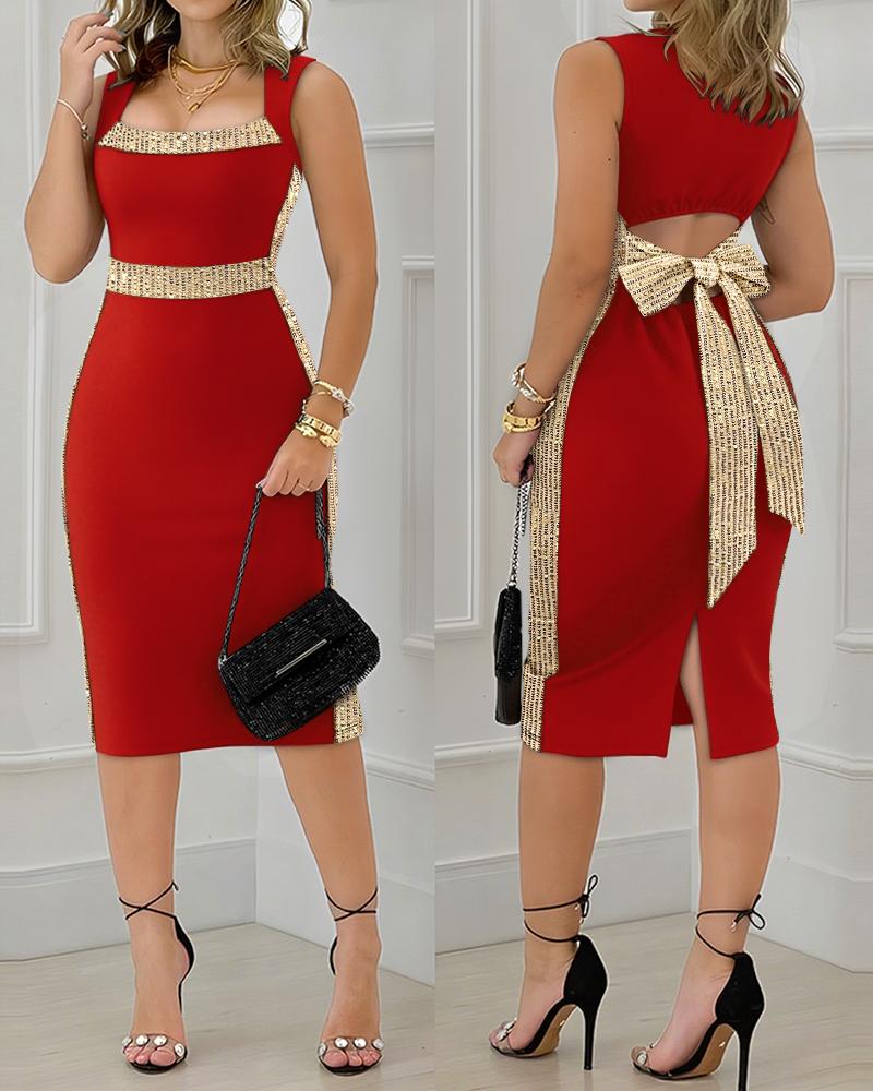 Contrast Sequin Decor Square Neck Sleeveless Bow Tie Back Slit Dress Elegant Hollow-out Back Cinched Waist Party Dress, women Bodycon Dresses, ChicMe catalog - Image 4