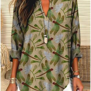 V Neck Long Sleeve Geometric Regular Micro-Elasticity Regular Fit Shirt For Women, Shirts, color:Lightgreen|size:4XL, catalog Noracora shop