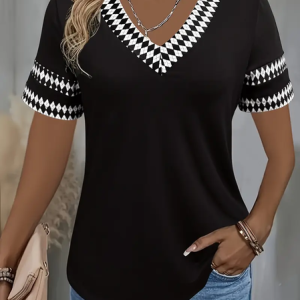 Women Geometric Short Sleeve Tee T-shirt V Neck Printing Casual Summer Graphic Tee Top, JustFashionNow T-Shirts, color:Black|size:4XL,