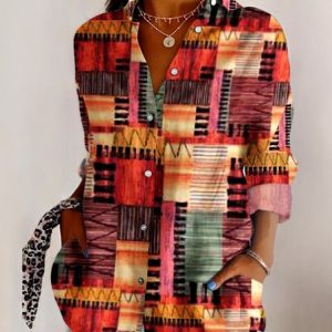 V Neck Long Sleeve Geometric Regular Micro-Elasticity Regular Fit Shirt For Women, Shirts, color:Orange|size:4XL, catalog Noracora shop