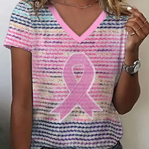 Women Pink Ribbon Short Sleeve Tee T-shirt V Neck Printing Casual Summer Graphic Tee Top, JustFashionNow T-Shirts, color:Pink|size:XXL,