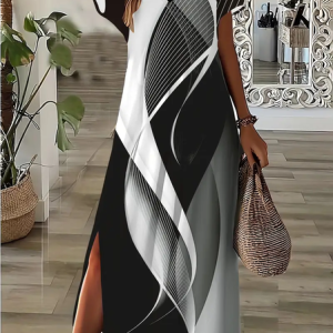 Women Abstract Short Sleeve Summer Printing Dress V Neck Daily Casual Maxi X-Line Dress, JustFashionNow Casual Dresses, color:Black|size:3XL,