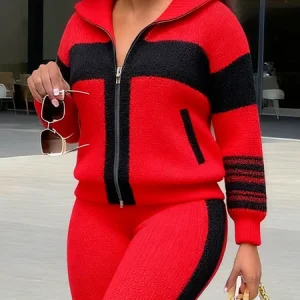 Casual Color Block Shawl Collar Sporty Cardigan, Cardigans, color:Red|size:XXL, Stylewe
