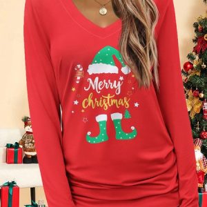 Women's Long Sleeve Tee T-shirt Spring/Fall Christmas Jersey V Neck Daily Going Out Casual Top, JustFashionNow T-Shirts, color:Red|size:XXL,
