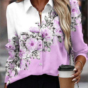 Shirt Collar Regular Sleeve Long Sleeve Floral Buckle Regular Loose Button Up Shirt Shirt For Women, Shirts, color:Purple|size:XXL, catalog Noracora shop
