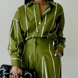 Casual Striped Printing Shirt Collar Shirt, Blouses and Shirts, color:Green|size:XXL, Stylewe