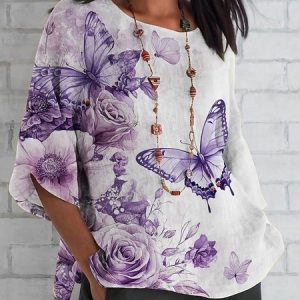 Crew Neck Half Sleeve Floral Regular Regular Fit Blouse For Women, Blouses, color:As Picture|size:5XL, catalog Noracora shop