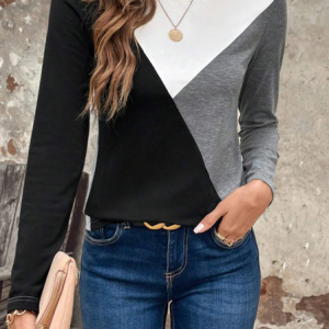 Women Multicolor Block Long Sleeve Tee T-shirt Crew Neck Printing Casual Spring/Fall Graphic Tee Top, JustFashionNow T-Shirts, color:Black-white|size:XXL,