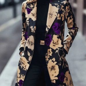 Urban Printing Floral Lapel Collar Coat, Coats, color:As Picture|size:XXL, Stylewe