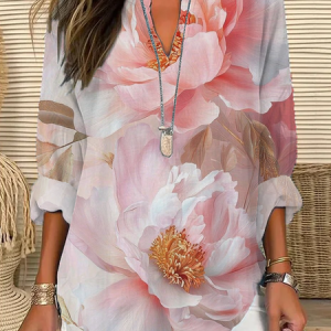 V Neck Long Sleeve Floral Printing Regular Loose Blouse For Women, Blouses, color:Pink|size:5XL, catalog Noracora shop