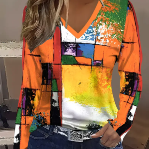 Women Abstract Long Sleeve Tee T-shirt V Neck Printing Casual Spring/Fall Graphic Tee Top, JustFashionNow T-Shirts, color:Orange|size:XXL,