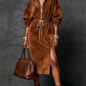Urban Plain Suede Zipper  Midi Dress, Midi Dresses, color:Brown|size:XXL, Stylewe