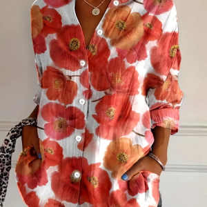 Women Floral Long Sleeve Shirt Spring/Fall Buckle Shirt Collar Daily Casual Top, JustFashionNow Shirts, color:Orange|size:5XL,