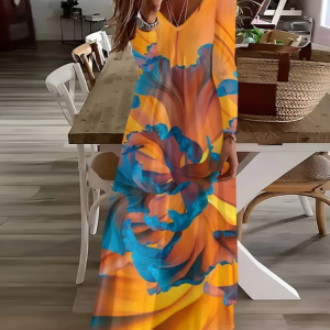 Women Abstract Long Sleeve Spring/Fall Printing Dress V Neck Daily Casual Maxi H-Line Dress, JustFashionNow Casual Dresses, color:Orange|size:5XL,