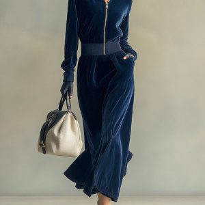 Casual Plain Velvet Hoodie Midi Dress, Midi Dresses, color:Blue|size:XXL, Stylewe