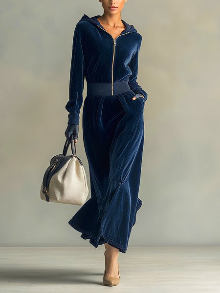 Casual Plain Velvet Hoodie Midi Dress, Midi Dresses, color:Blue|size:XXL, Stylewe
