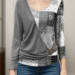 Women Geometric Long Sleeve Tee T-shirt Crew Neck Printing Vintage Spring/Fall Top, JustFashionNow T-Shirts, color:Gray|size:3XL,