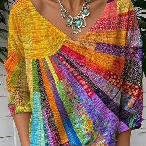 Casual 3D Printing V Neck Long Sleeve T-shirt, Blouses, color:As Picture|size:XXL, catalog Noracora shop
