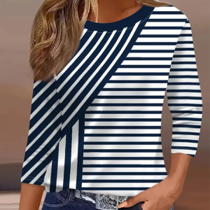 Women Striped Three Quarter Sleeve Tee T-shirt Crew Neck Casual Spring/Fall Graphic Tee Top, JustFashionNow T-Shirts, color:Purplish Blue|size:5XL