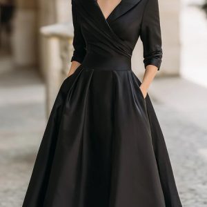 Elegant Plain Ruched Shawl Collar Midi Dress, Midi Dresses, color:Black|size:XXL, Stylewe