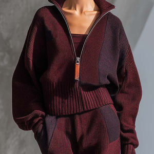 Casual Color Block Zipper Cardigan, Cardigans, color:Wine Red|size:XXL, Stylewe