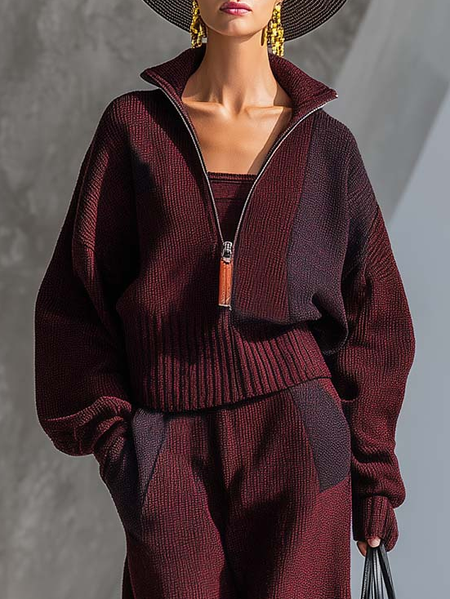 Casual Color Block Zipper Cardigan, Cardigans, color:Wine Red|size:XXL, Stylewe