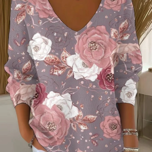 Casual Floral V Neck Long Sleeve T-shirt, Sweaters, color:Pink|size:4XL, catalog Noracora shop