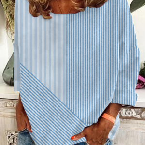 Women Striped Long Sleeve Tee T-shirt Crew Neck Printing Casual Spring/Fall Graphic Tee Top, JustFashionNow T-Shirts, color:Blue|size:5XL,