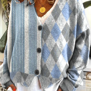 Women Striped Casual Spring/Fall Printing Cardigan, JustFashionNow Cardigans, color:Blue|size:5XL,