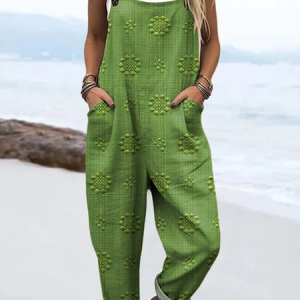 Women Floral Square Neck Sleeveless Casual Spring/Fall Bib Pants, JustFashionNow Jumpsuits＆Rompers, color:Green|size:4XL,