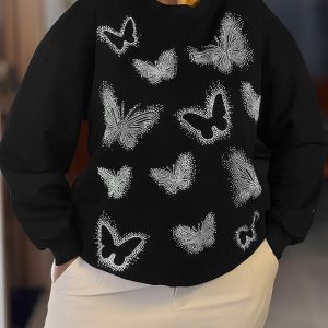Butterfly Rhinestone Long Sleeve Round Neck Sweatshirt Casual Loose Fit Top, women Sweats & Hoodies, ChicMe catalog