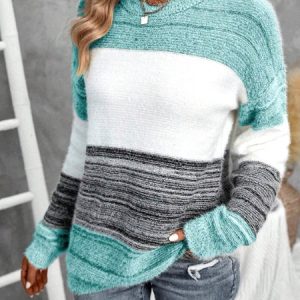 Women Cotton Striped Long Sleeve Comfy Casual Sweater, Sweaters, color:Green|size:XL, catalog Noracora shop