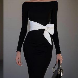 Elegant Plain Boat Neck Knee Length Dress With Belt, Midi Dresses, color:Black|size:XXL, Stylewe