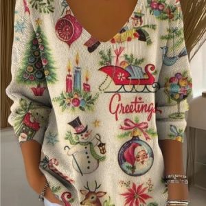 Women's Retro Nostalgic Christmas Art Pattern Print Casual V Neck Pullover Blouse, Blouses, color:Apricot|size:4XL, catalog Noracora shop